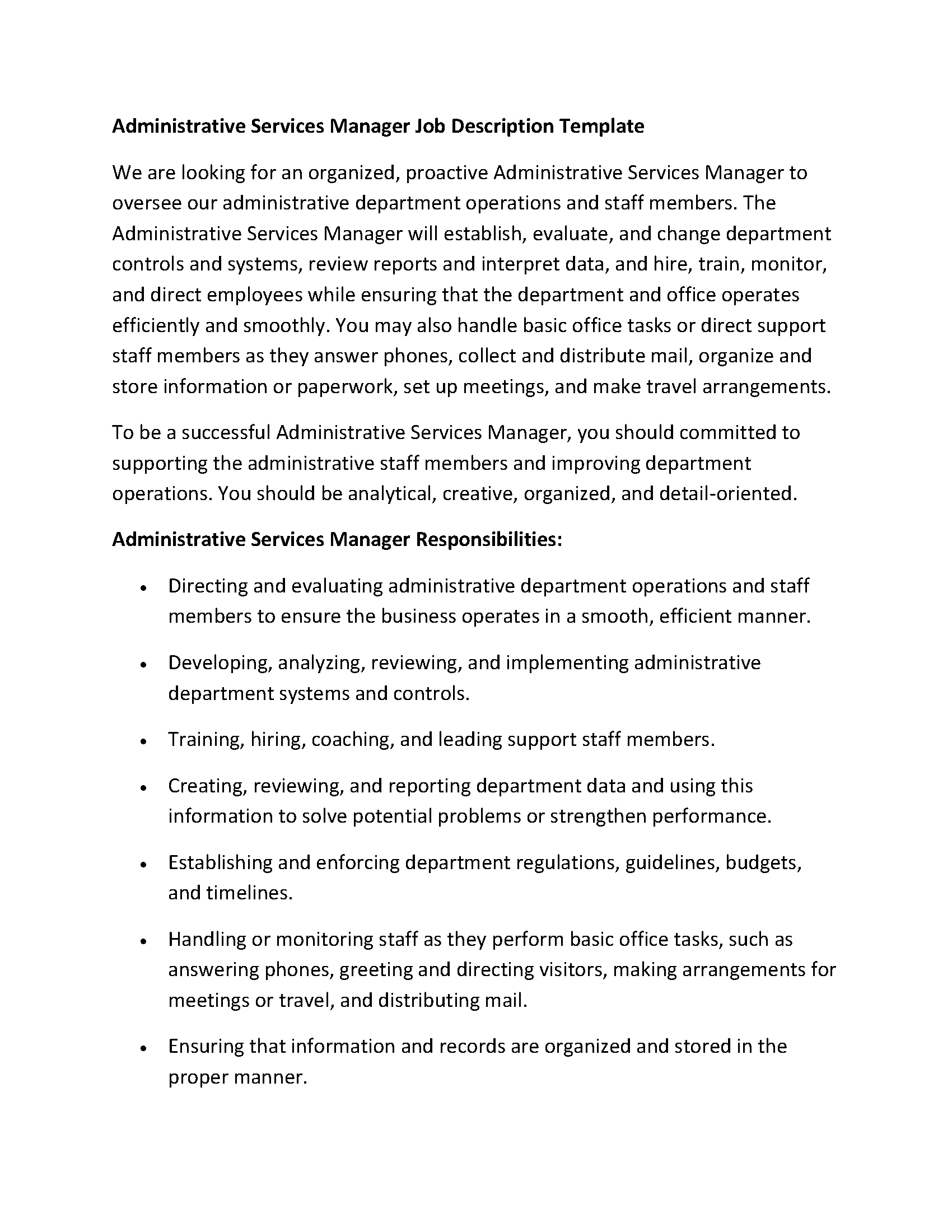 Administrative Services Manager Job Description Template
